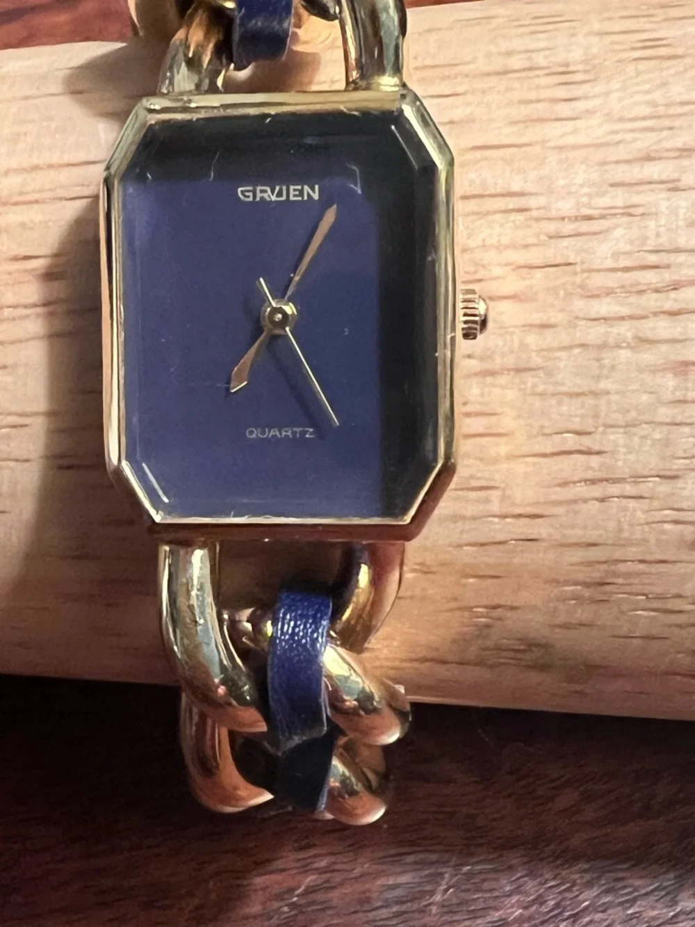 Vintage Gruen Square Blue Dial Gold toned Chain Link and Leather Bracelet Watch